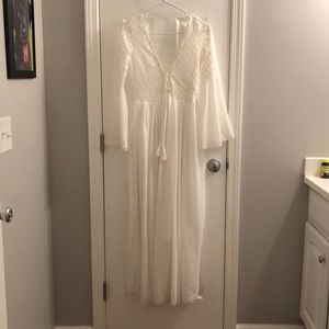 Long off-white chiffon dress with bell sleeves